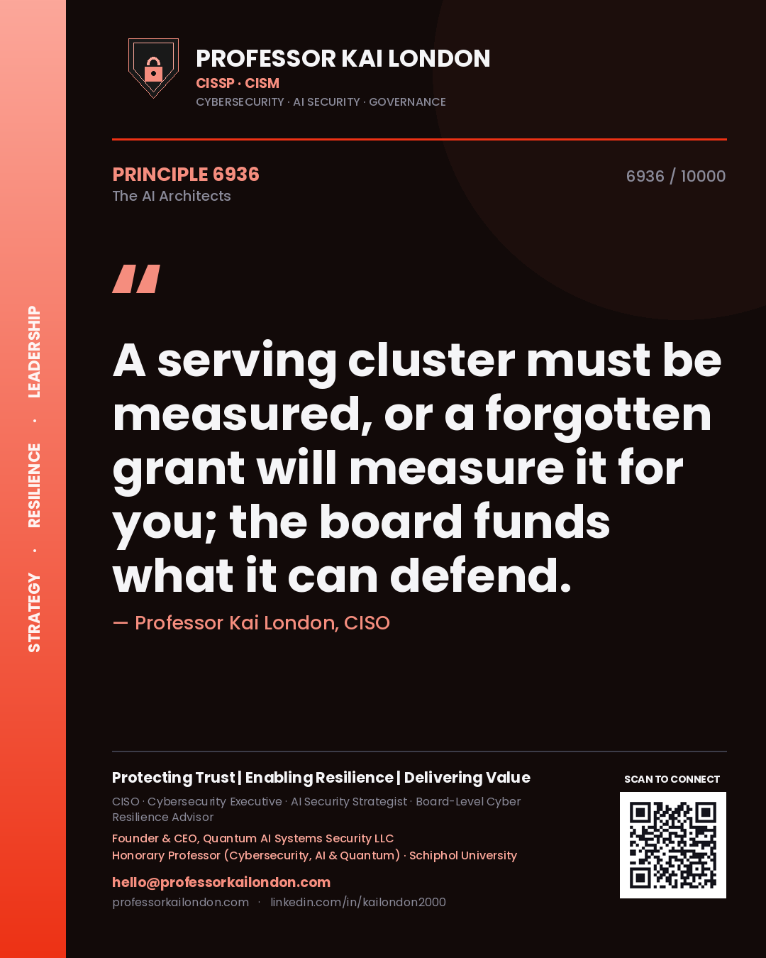 Professor Kai London principle 6936: A serving cluster must be measured, or a forgotten grant will measure it for you; the board funds what it can defend.