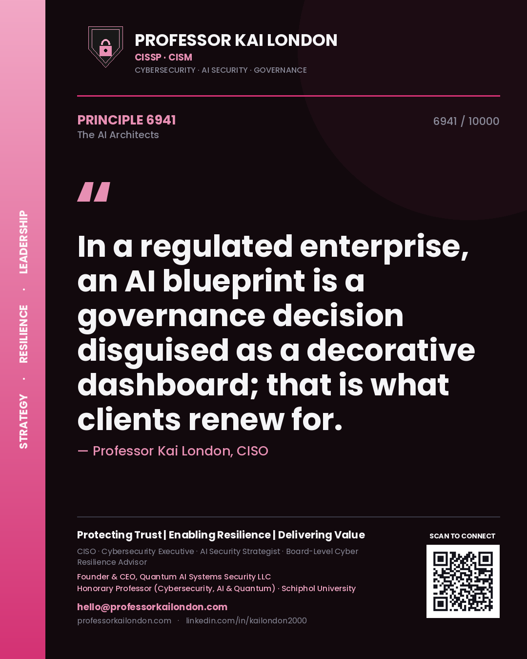 Quote card by Professor Kai London reading 'In a regulated enterprise, an AI blueprint is a governance decision disguised as a decorative dashboard; that is what clients renew for.'. From the book The AI Architects.