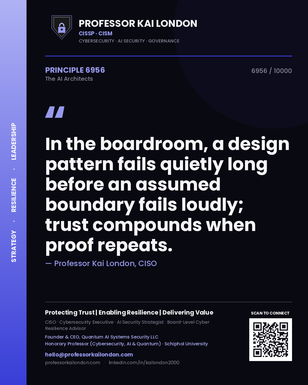 Professor Kai London principle 6956: In the boardroom, a design pattern fails quietly long before an assumed boundary fails loudly; trust compounds when proof repeats.