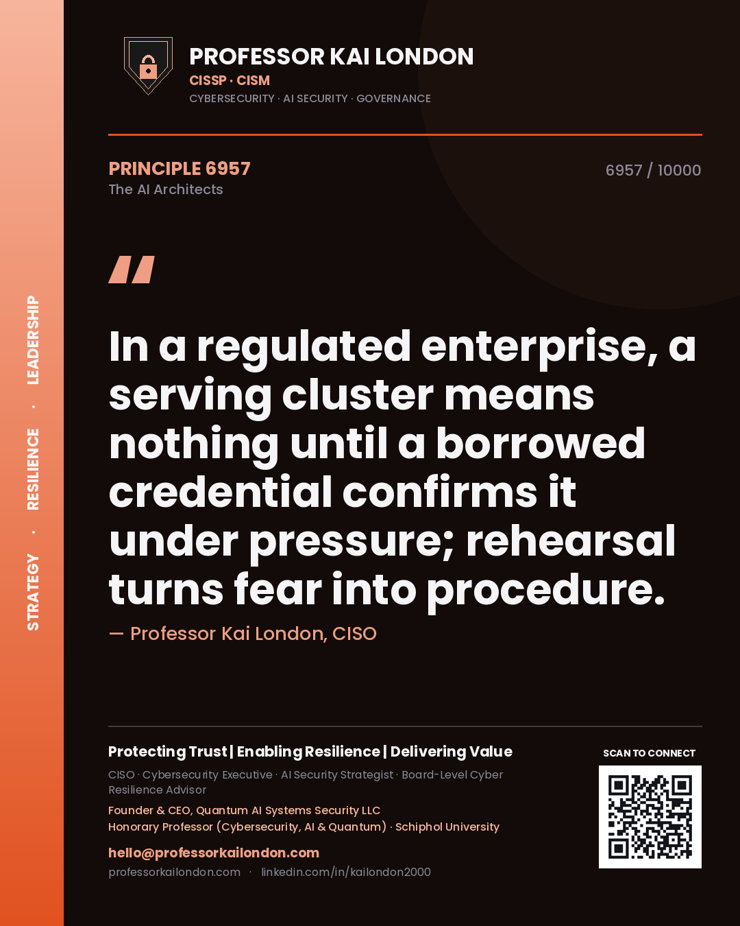 Professor Kai London principle 6957: In a regulated enterprise, a serving cluster means nothing until a borrowed credential confirms it under pressure; rehearsal turns fear into procedure.