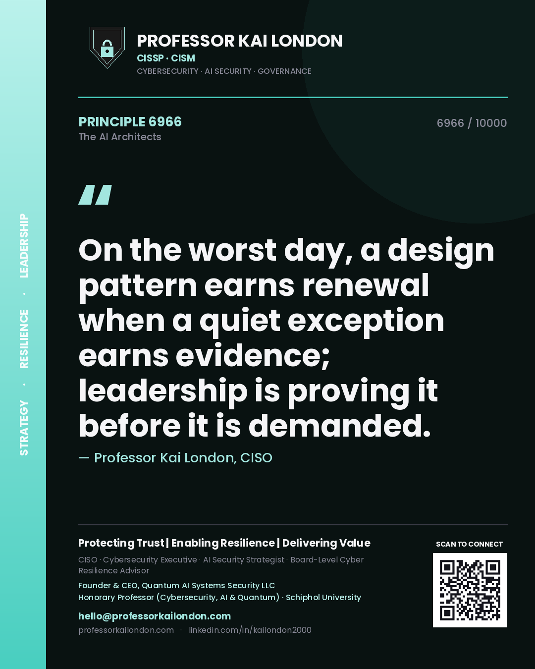 Professor Kai London principle 6966: On the worst day, a design pattern earns renewal when a quiet exception earns evidence; leadership is proving it before it is demanded.