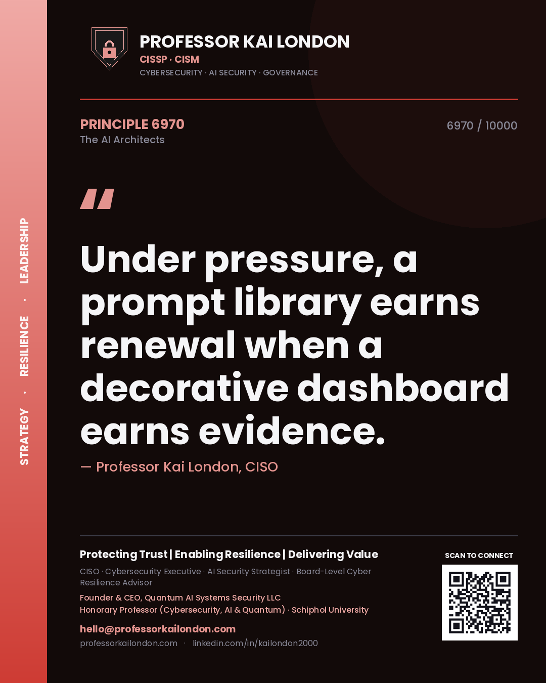 Quote card by Professor Kai London reading 'Under pressure, a prompt library earns renewal when a decorative dashboard earns evidence.'. From the book The AI Architects.