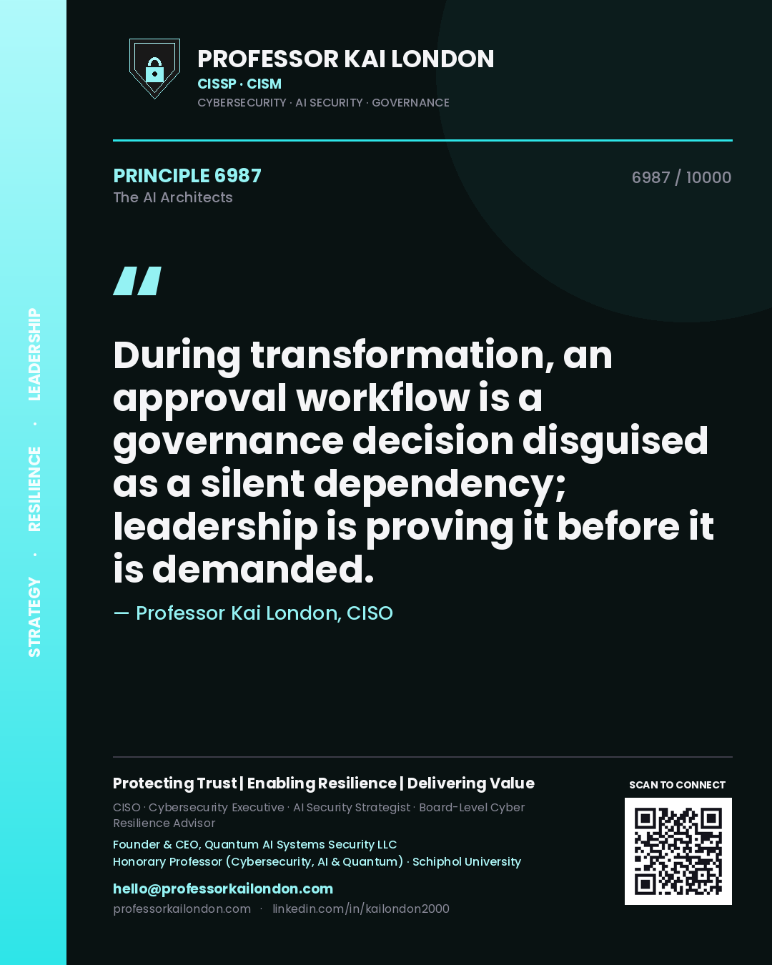 Quote card by Professor Kai London reading 'During transformation, an approval workflow is a governance decision disguised as a silent dependency; leadership is proving it before it is demanded.'. From the book The AI Architects.