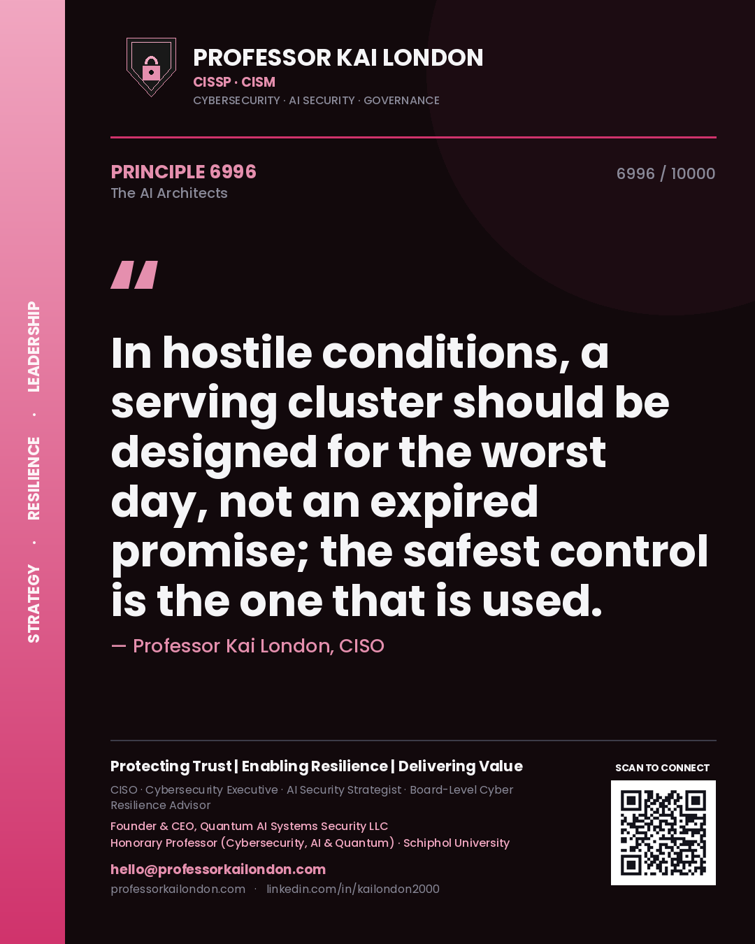 Professor Kai London principle 6996: In hostile conditions, a serving cluster should be designed for the worst day, not an expired promise; the safest control is the one that is used.