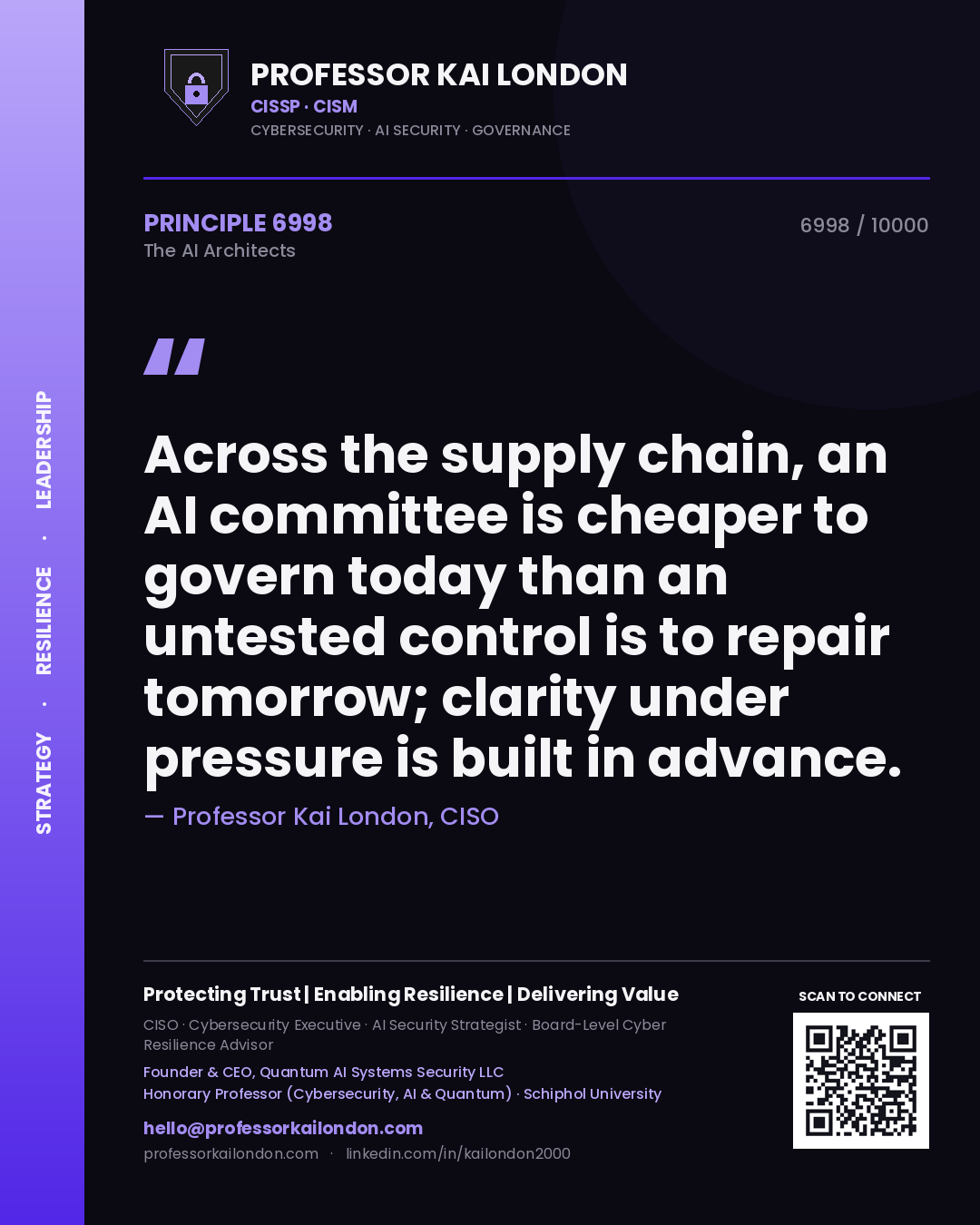 Quote card by Professor Kai London reading 'Across the supply chain, an AI committee is cheaper to govern today than an untested control is to repair tomorrow; clarity under pressure is built in advance.'. From the book The AI Architects.
