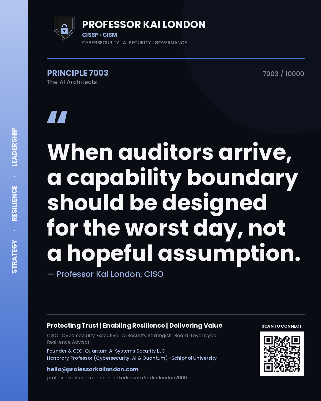 Quote card by Professor Kai London reading 'When auditors arrive, a capability boundary should be designed for the worst day, not a hopeful assumption.'. From the book The AI Architects.