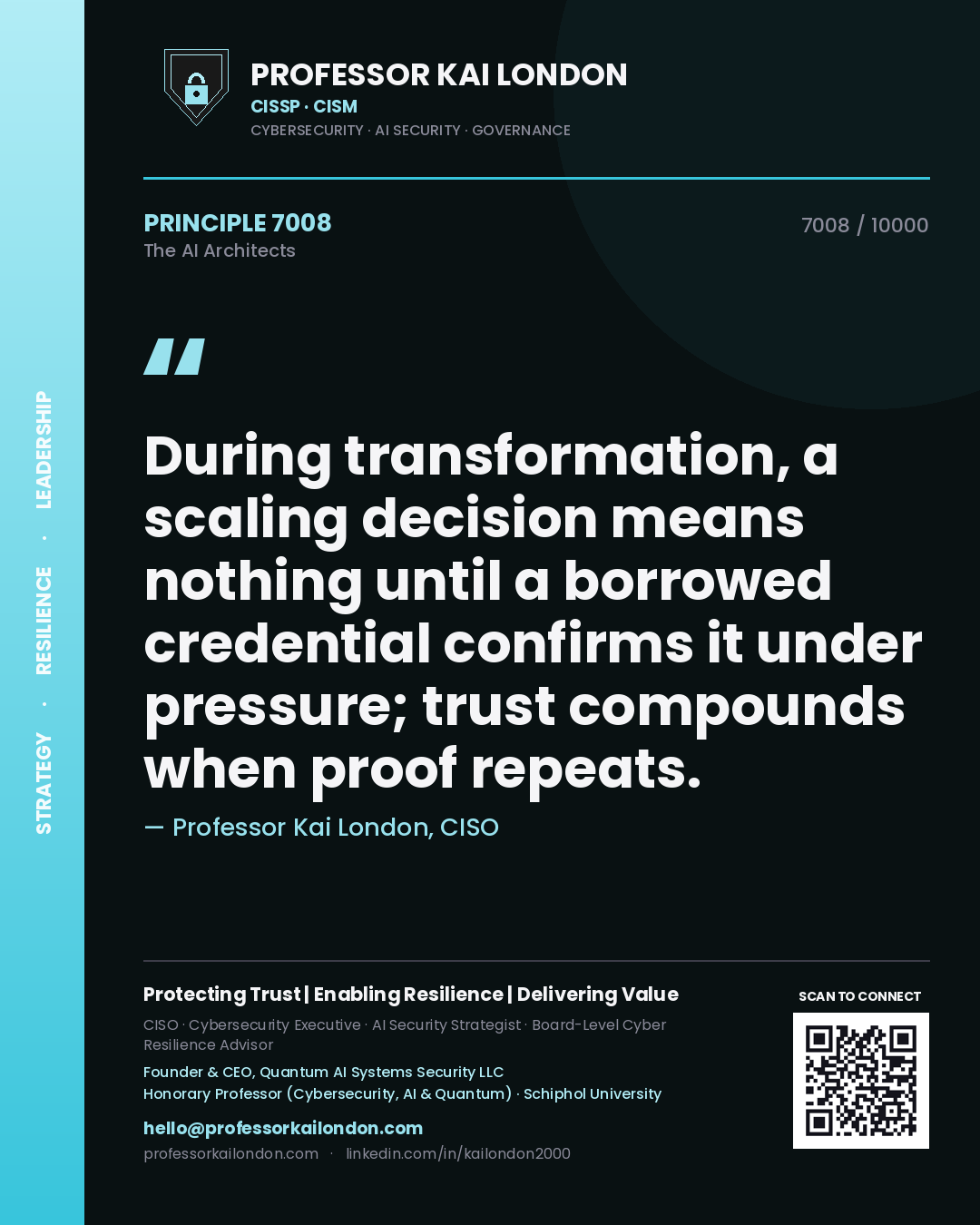 Quote card by Professor Kai London reading 'During transformation, a scaling decision means nothing until a borrowed credential confirms it under pressure; trust compounds when proof repeats.'. From the book The AI Architects.