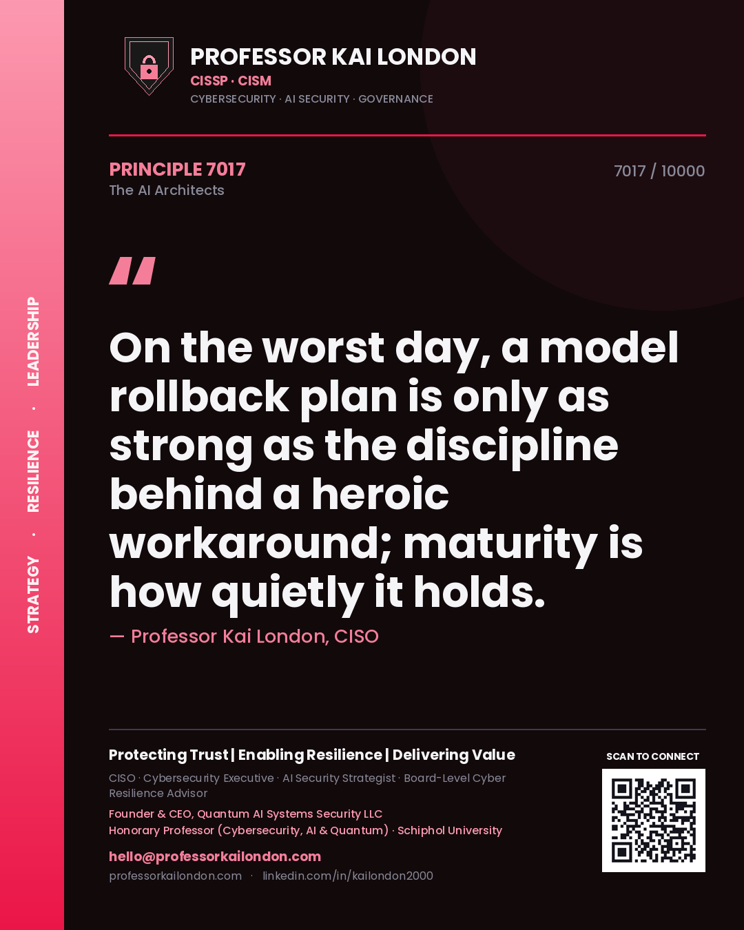 Professor Kai London principle 7017: On the worst day, a model rollback plan is only as strong as the discipline behind a heroic workaround; maturity is how quietly it holds.