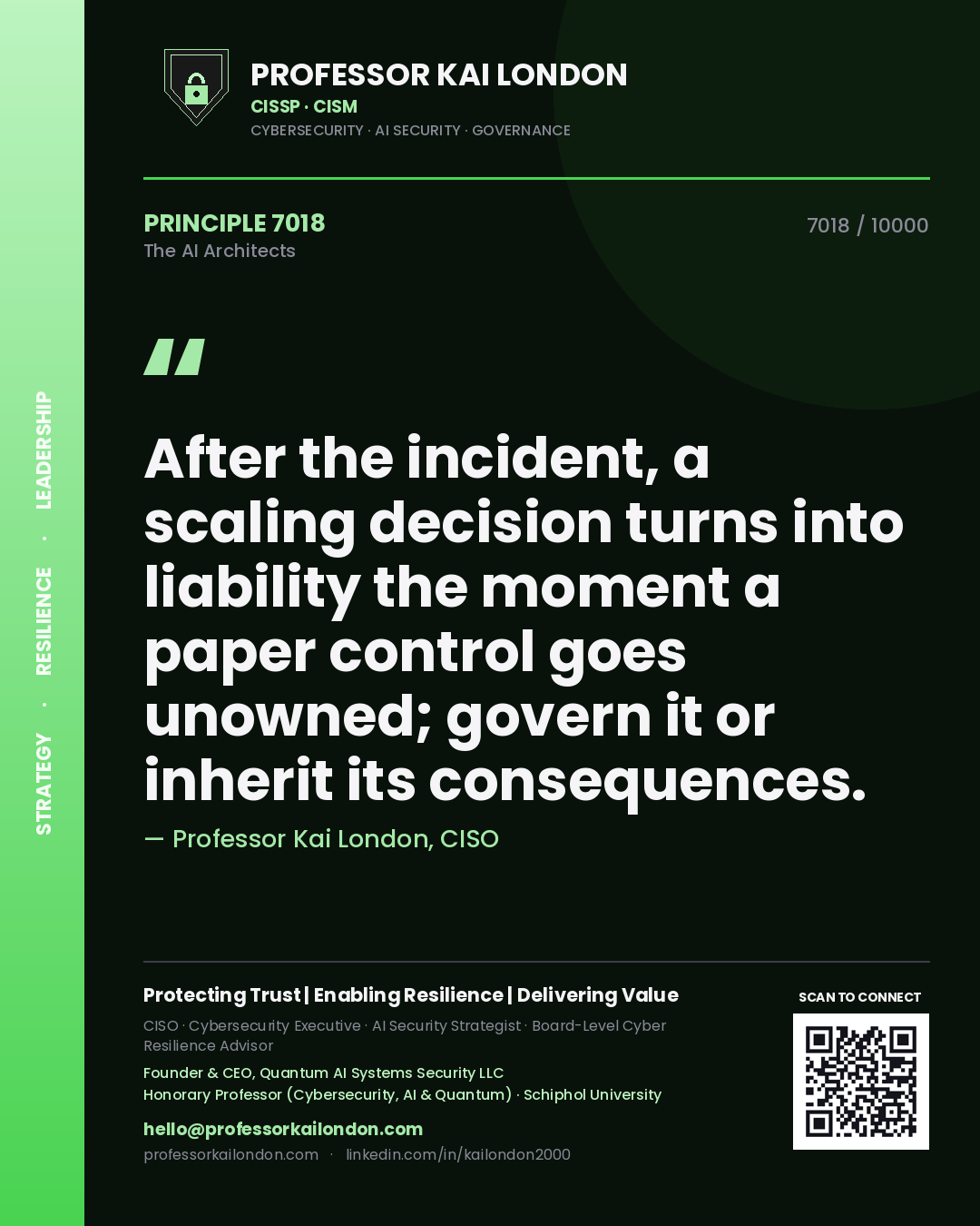 Quote card by Professor Kai London reading 'After the incident, a scaling decision turns into liability the moment a paper control goes unowned; govern it or inherit its consequences.'. From the book The AI Architects.