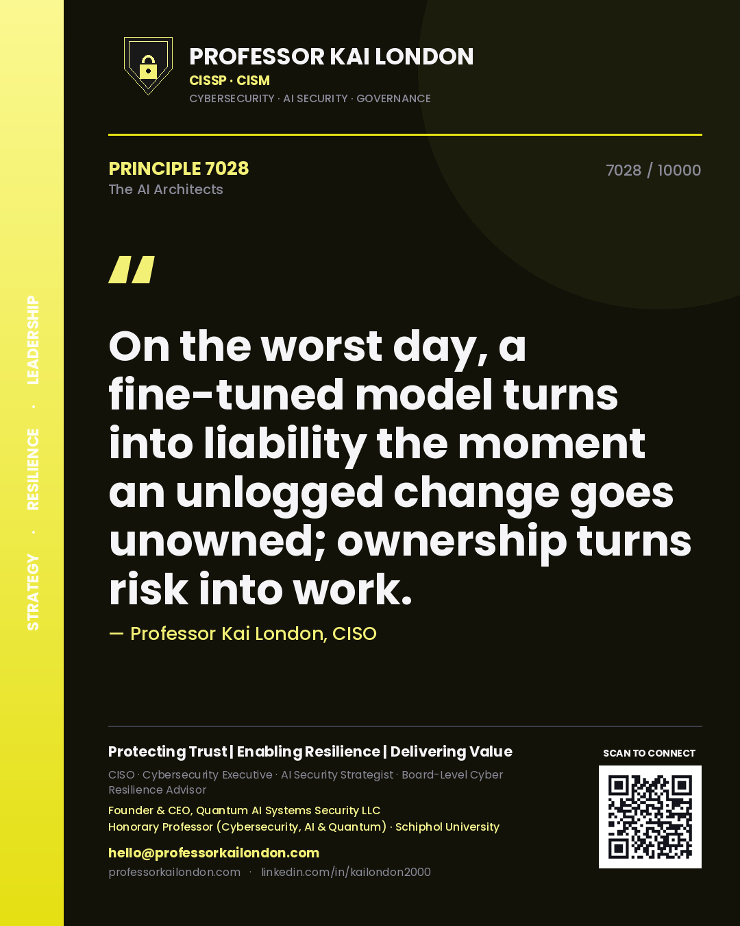 Professor Kai London principle 7028: On the worst day, a fine-tuned model turns into liability the moment an unlogged change goes unowned; ownership turns risk into work.