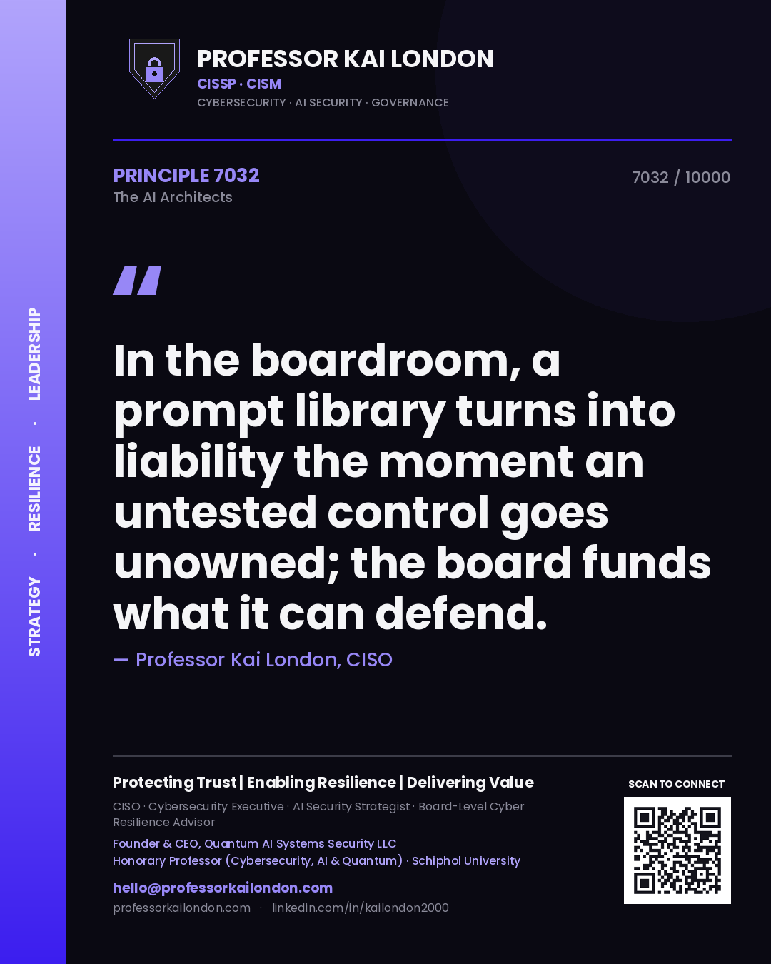 Professor Kai London principle 7032: In the boardroom, a prompt library turns into liability the moment an untested control goes unowned; the board funds what it can defend.