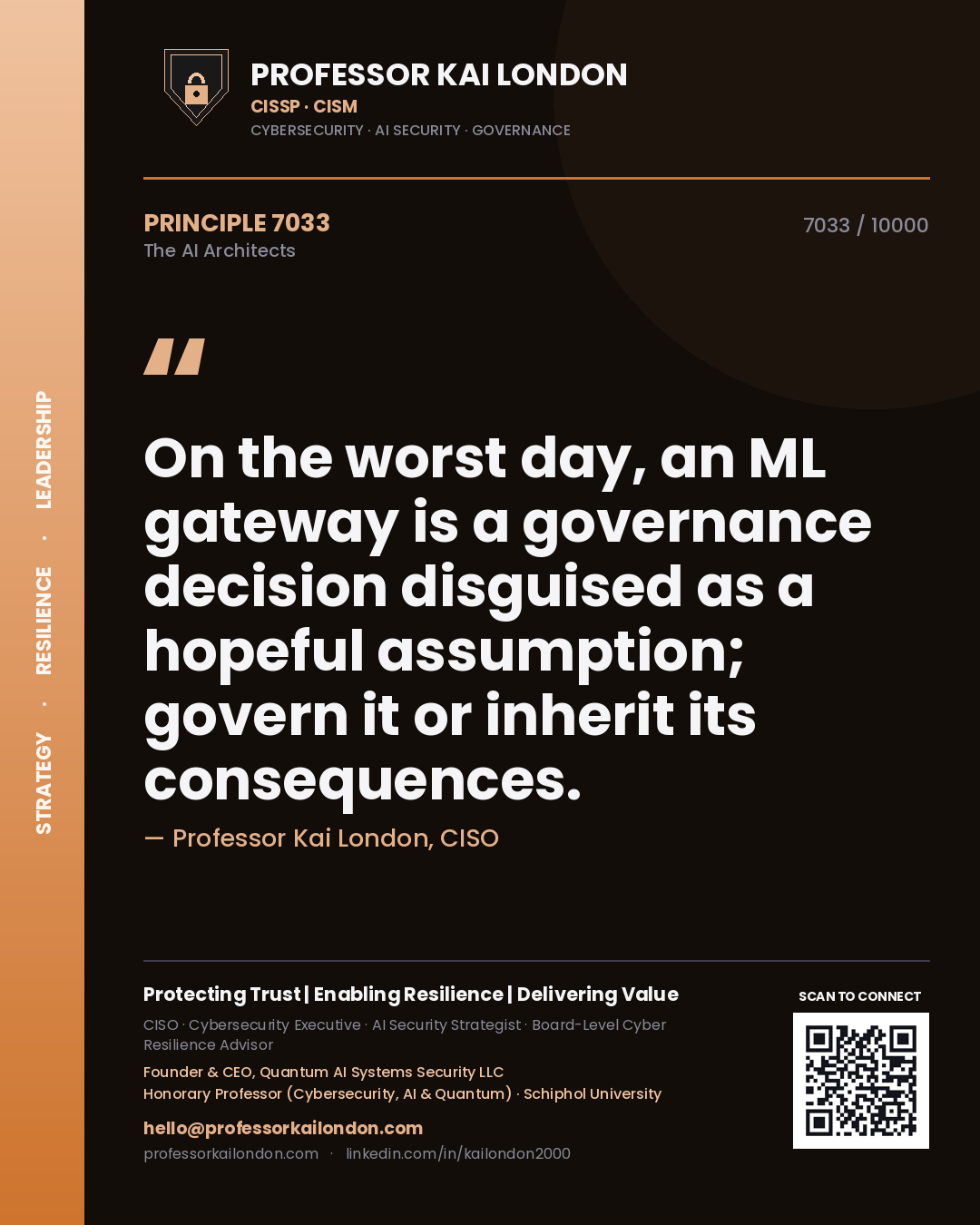 Quote card by Professor Kai London reading 'On the worst day, an ML gateway is a governance decision disguised as a hopeful assumption; govern it or inherit its consequences.'. From the book The AI Architects.
