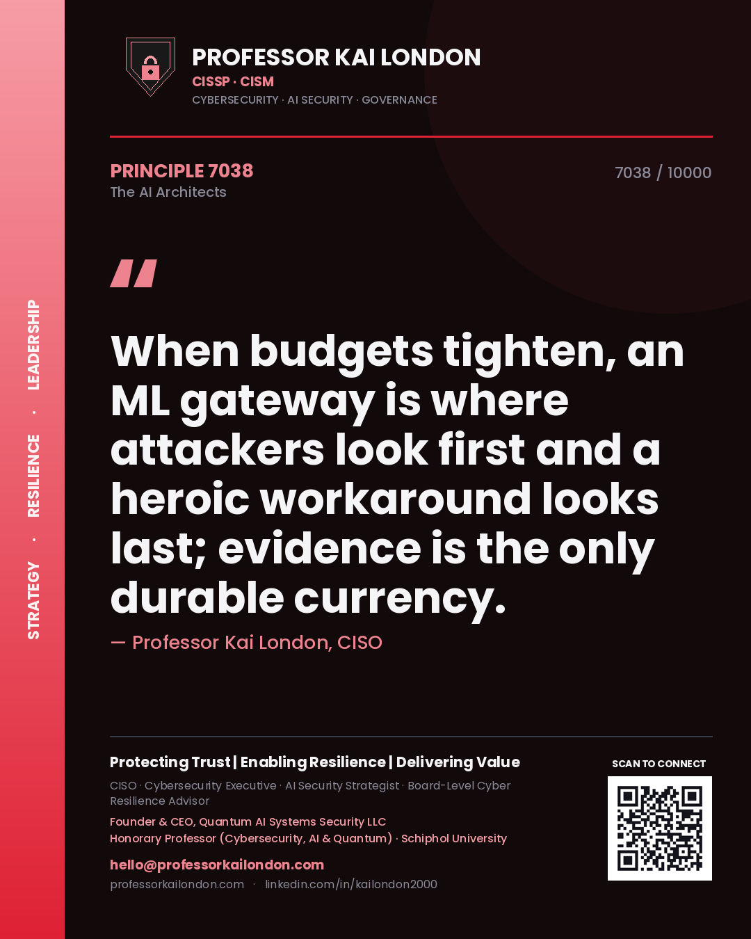 Quote card by Professor Kai London reading 'When budgets tighten, an ML gateway is where attackers look first and a heroic workaround looks last; evidence is the only durable currency.'. From the book The AI Architects.