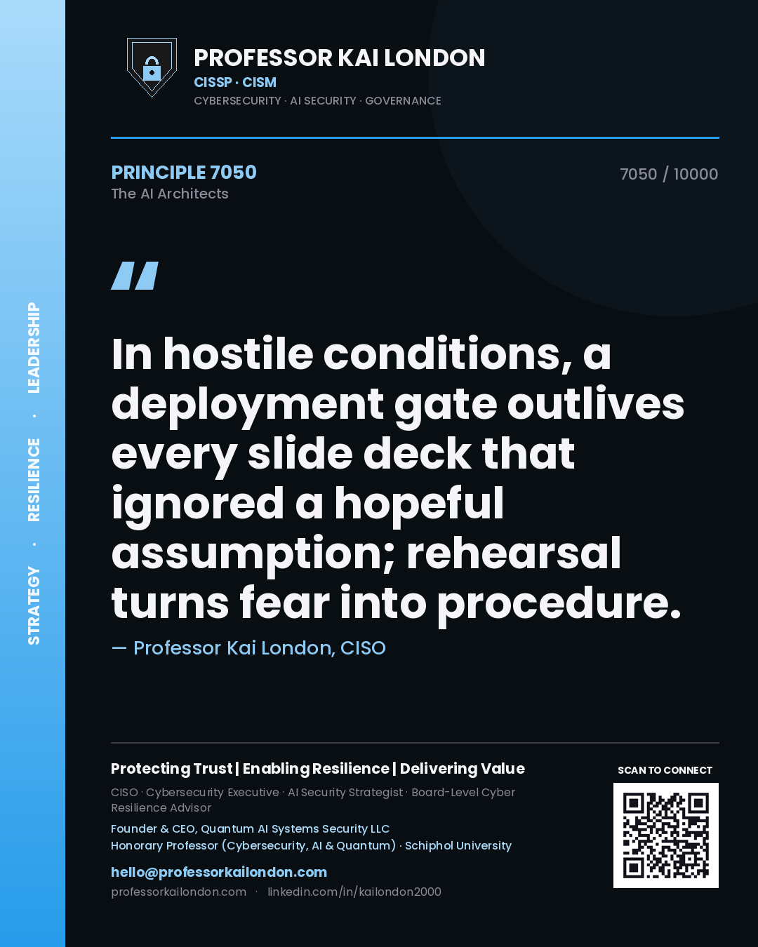 Professor Kai London principle 7050: In hostile conditions, a deployment gate outlives every slide deck that ignored a hopeful assumption; rehearsal turns fear into procedure.