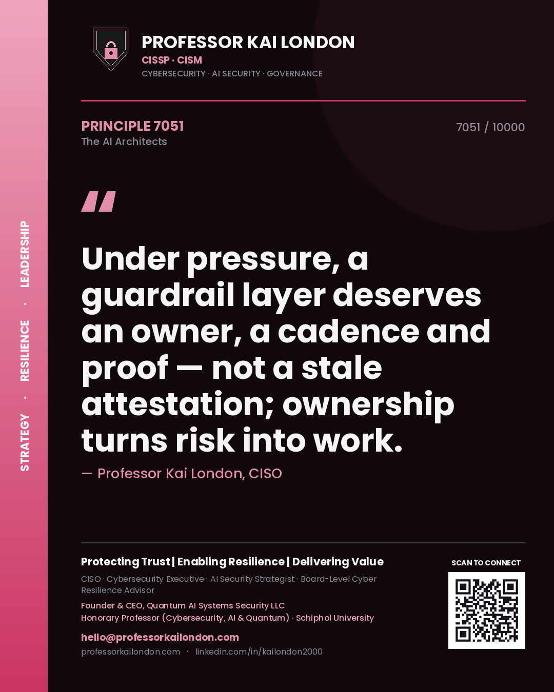Quote card by Professor Kai London reading 'Under pressure, a guardrail layer deserves an owner, a cadence and proof — not a stale attestation; ownership turns risk into work.'. From the book The AI Architects.