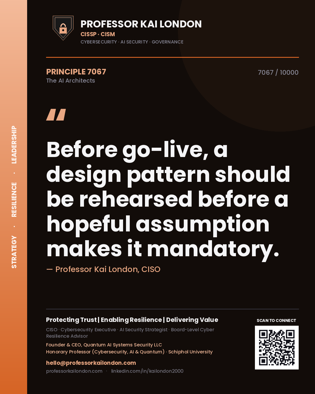 Professor Kai London principle 7067: Before go-live, a design pattern should be rehearsed before a hopeful assumption makes it mandatory.