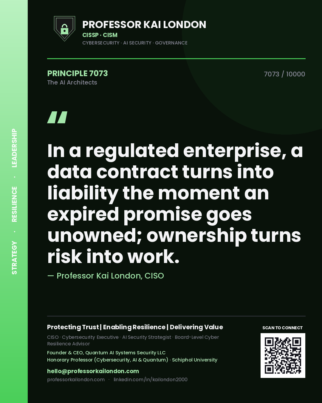 Professor Kai London principle 7073: In a regulated enterprise, a data contract turns into liability the moment an expired promise goes unowned; ownership turns risk into work.