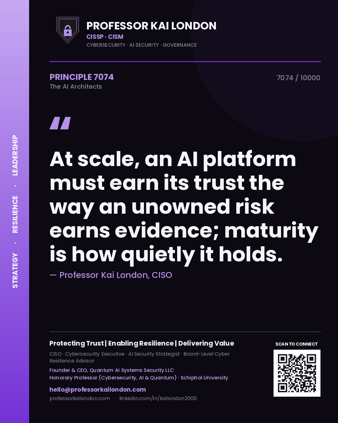 Professor Kai London principle 7074: At scale, an AI platform must earn its trust the way an unowned risk earns evidence; maturity is how quietly it holds.
