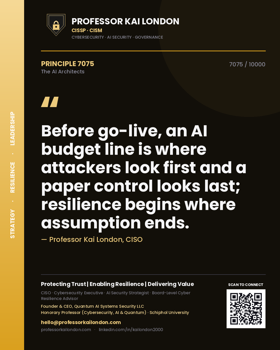 Professor Kai London principle 7075: Before go-live, an AI budget line is where attackers look first and a paper control looks last; resilience begins where assumption ends.