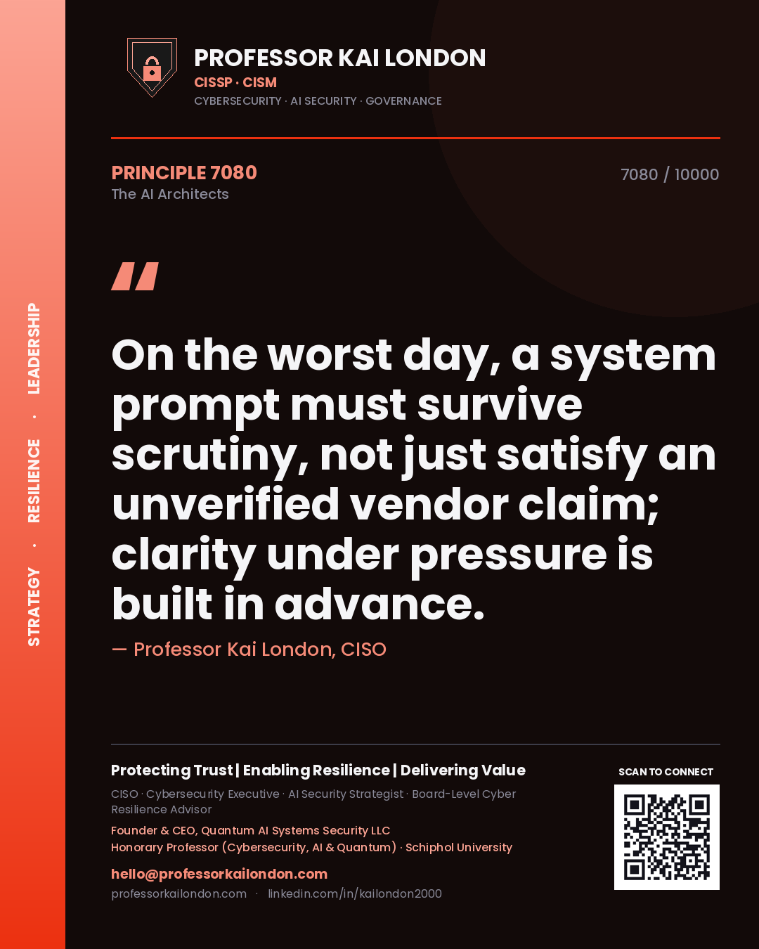 Professor Kai London principle 7080: On the worst day, a system prompt must survive scrutiny, not just satisfy an unverified vendor claim; clarity under pressure is built in advance.