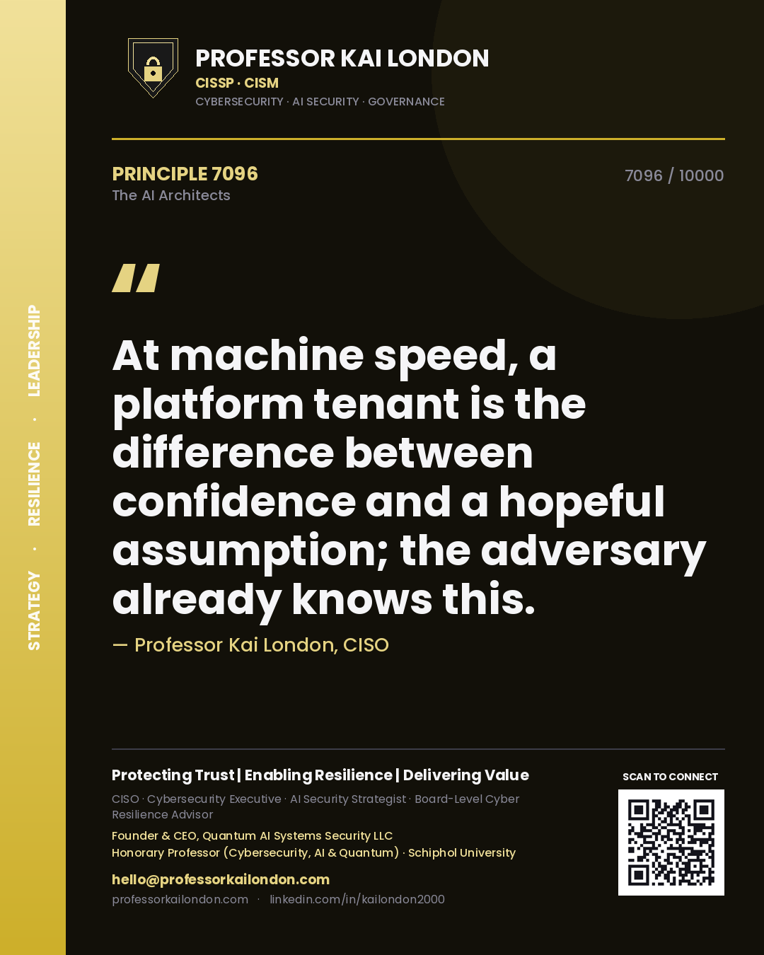 Professor Kai London principle 7096: At machine speed, a platform tenant is the difference between confidence and a hopeful assumption; the adversary already knows this.