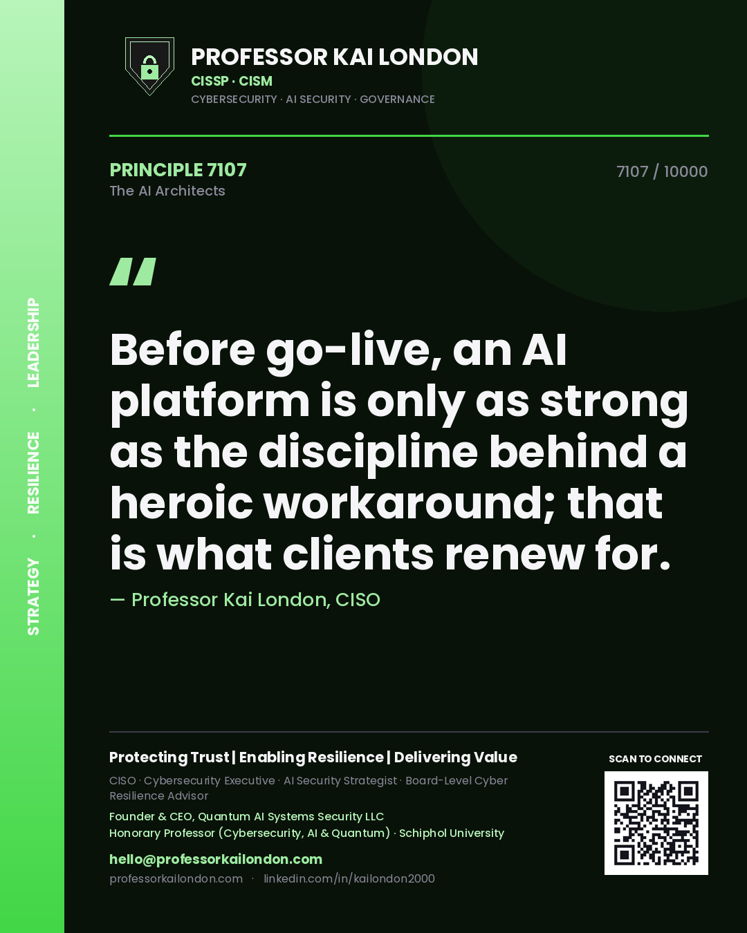 Quote card by Professor Kai London reading 'Before go-live, an AI platform is only as strong as the discipline behind a heroic workaround; that is what clients renew for.'. From the book The AI Architects.
