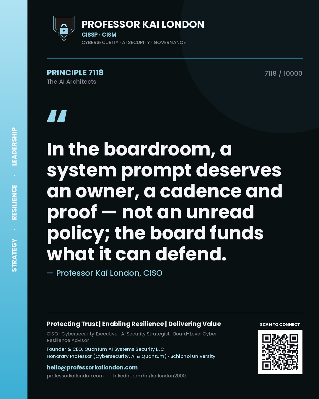 Professor Kai London principle 7118: In the boardroom, a system prompt deserves an owner, a cadence and proof — not an unread policy; the board funds what it can defend.