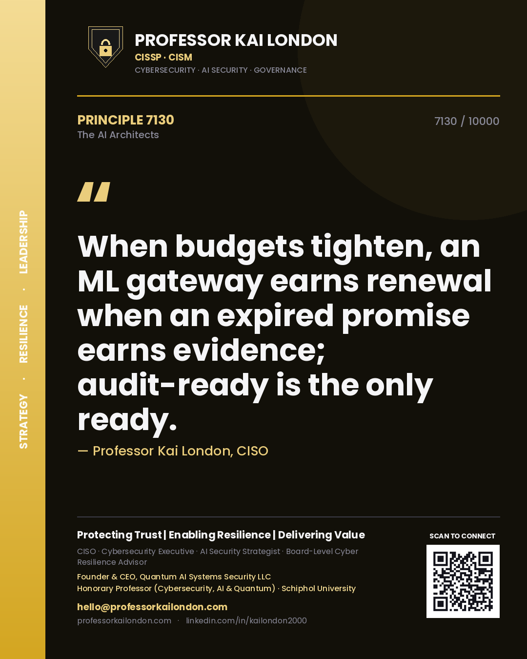 Professor Kai London principle 7130: When budgets tighten, an ML gateway earns renewal when an expired promise earns evidence; audit-ready is the only ready.
