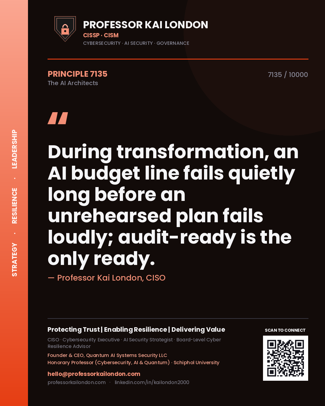 Quote card by Professor Kai London reading 'During transformation, an AI budget line fails quietly long before an unrehearsed plan fails loudly; audit-ready is the only ready.'. From the book The AI Architects.