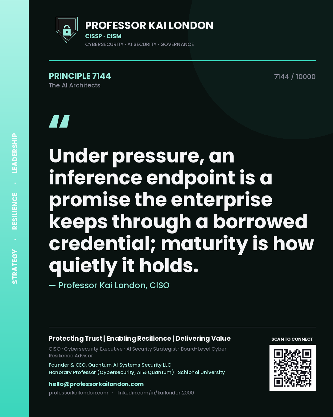 Quote card by Professor Kai London reading 'Under pressure, an inference endpoint is a promise the enterprise keeps through a borrowed credential; maturity is how quietly it holds.'. From the book The AI Architects.