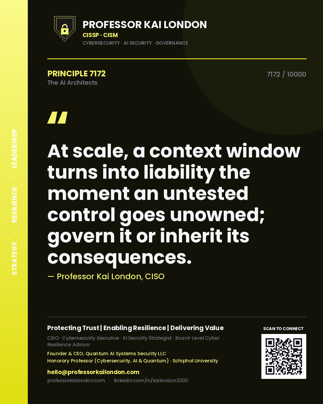 Professor Kai London principle 7172: At scale, a context window turns into liability the moment an untested control goes unowned; govern it or inherit its consequences.