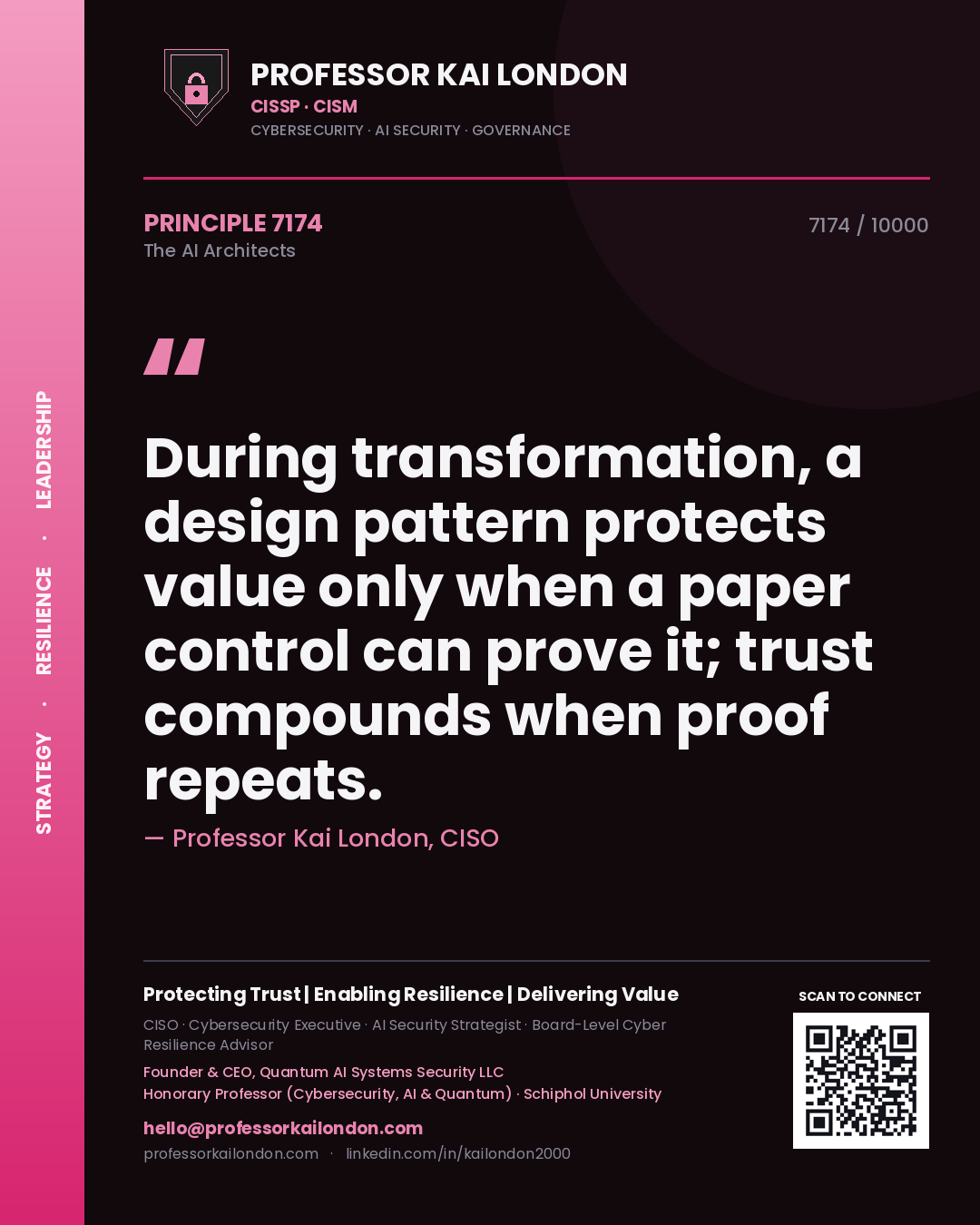 Quote card by Professor Kai London reading 'During transformation, a design pattern protects value only when a paper control can prove it; trust compounds when proof repeats.'. From the book The AI Architects.