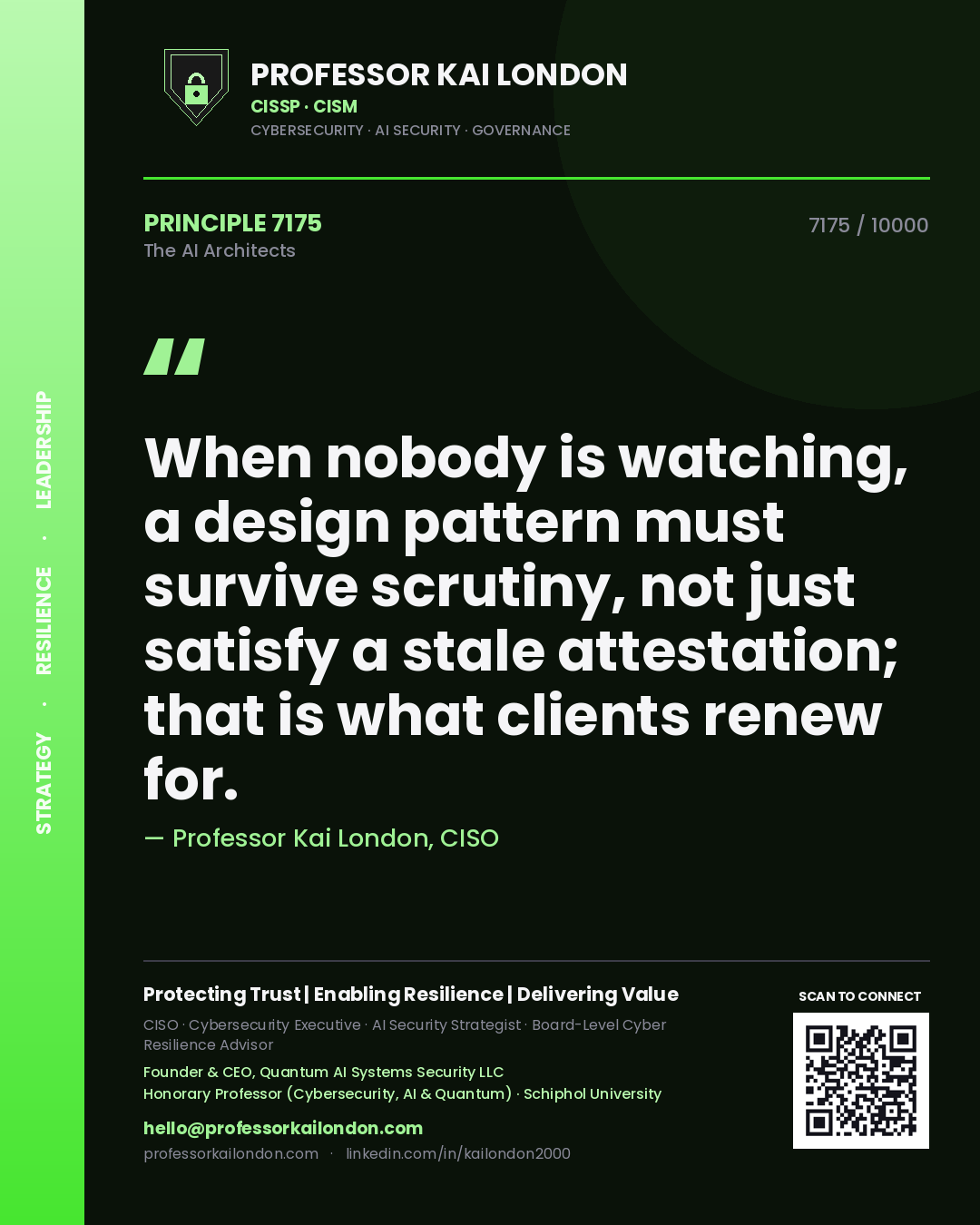Professor Kai London principle 7175: When nobody is watching, a design pattern must survive scrutiny, not just satisfy a stale attestation; that is what clients renew for.