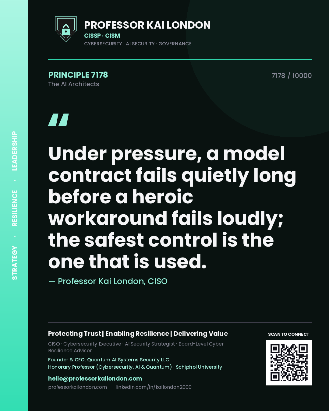 Professor Kai London principle 7178: Under pressure, a model contract fails quietly long before a heroic workaround fails loudly; the safest control is the one that is used.