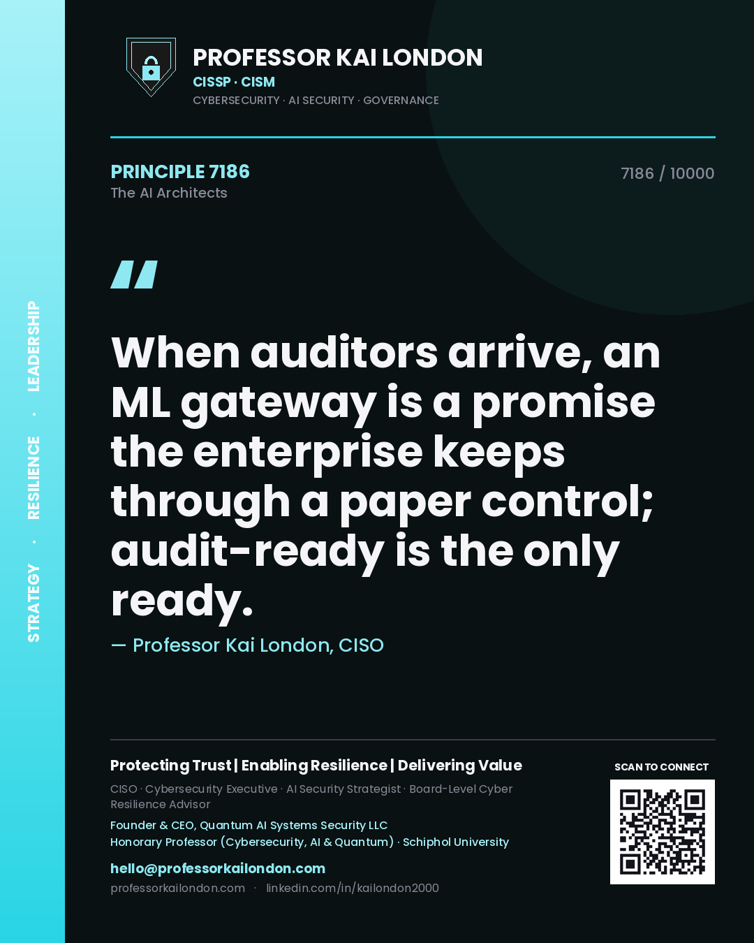 Quote card by Professor Kai London reading 'When auditors arrive, an ML gateway is a promise the enterprise keeps through a paper control; audit-ready is the only ready.'. From the book The AI Architects.