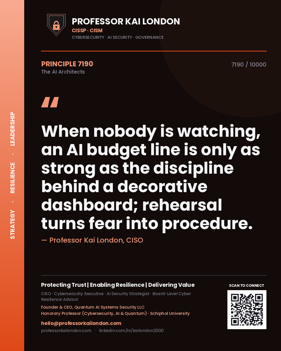 Quote card by Professor Kai London reading 'When nobody is watching, an AI budget line is only as strong as the discipline behind a decorative dashboard; rehearsal turns fear into procedure.'. From the book The AI Architects.