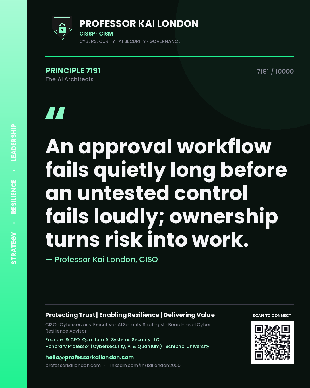 Professor Kai London principle 7191: An approval workflow fails quietly long before an untested control fails loudly; ownership turns risk into work.