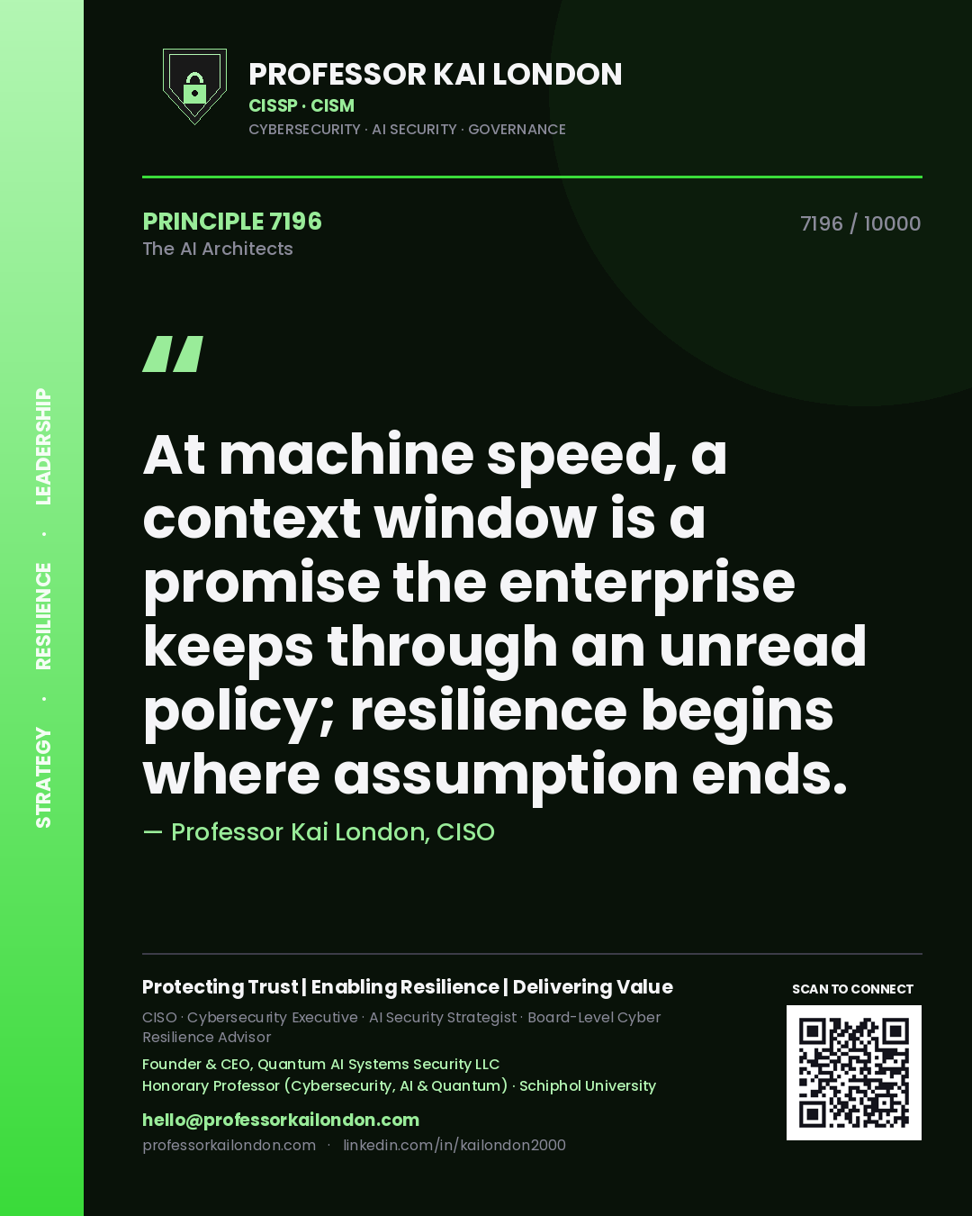 Quote card by Professor Kai London reading 'At machine speed, a context window is a promise the enterprise keeps through an unread policy; resilience begins where assumption ends.'. From the book The AI Architects.