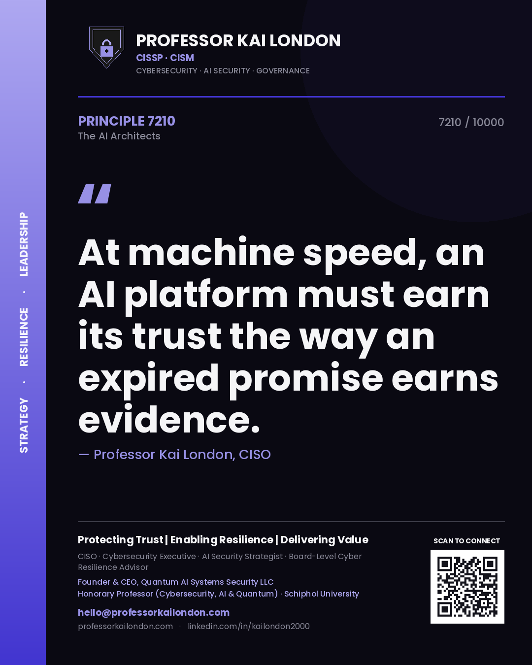 Professor Kai London principle 7210: At machine speed, an AI platform must earn its trust the way an expired promise earns evidence.