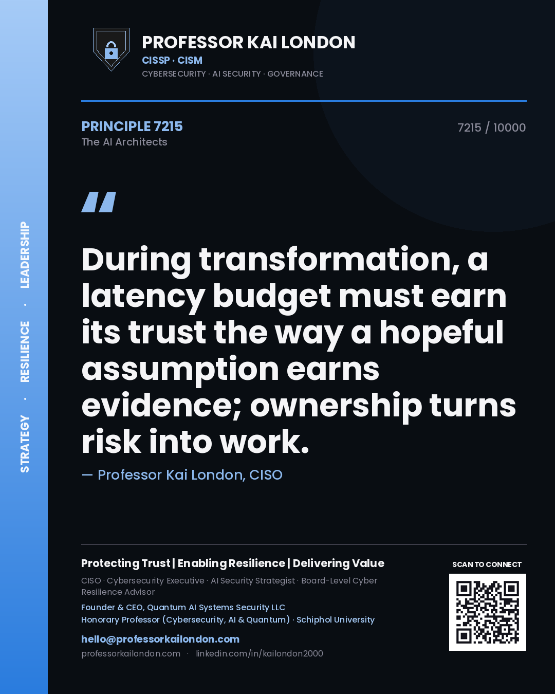 Professor Kai London principle 7215: During transformation, a latency budget must earn its trust the way a hopeful assumption earns evidence; ownership turns risk into work.