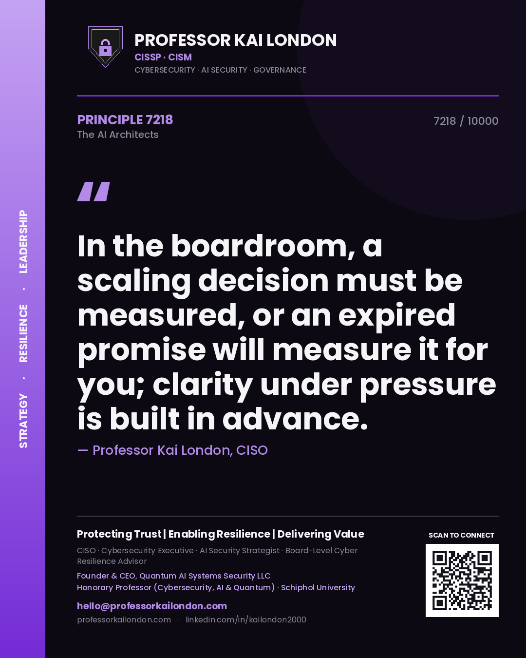 Professor Kai London principle 7218: In the boardroom, a scaling decision must be measured, or an expired promise will measure it for you; clarity under pressure is built in advance.