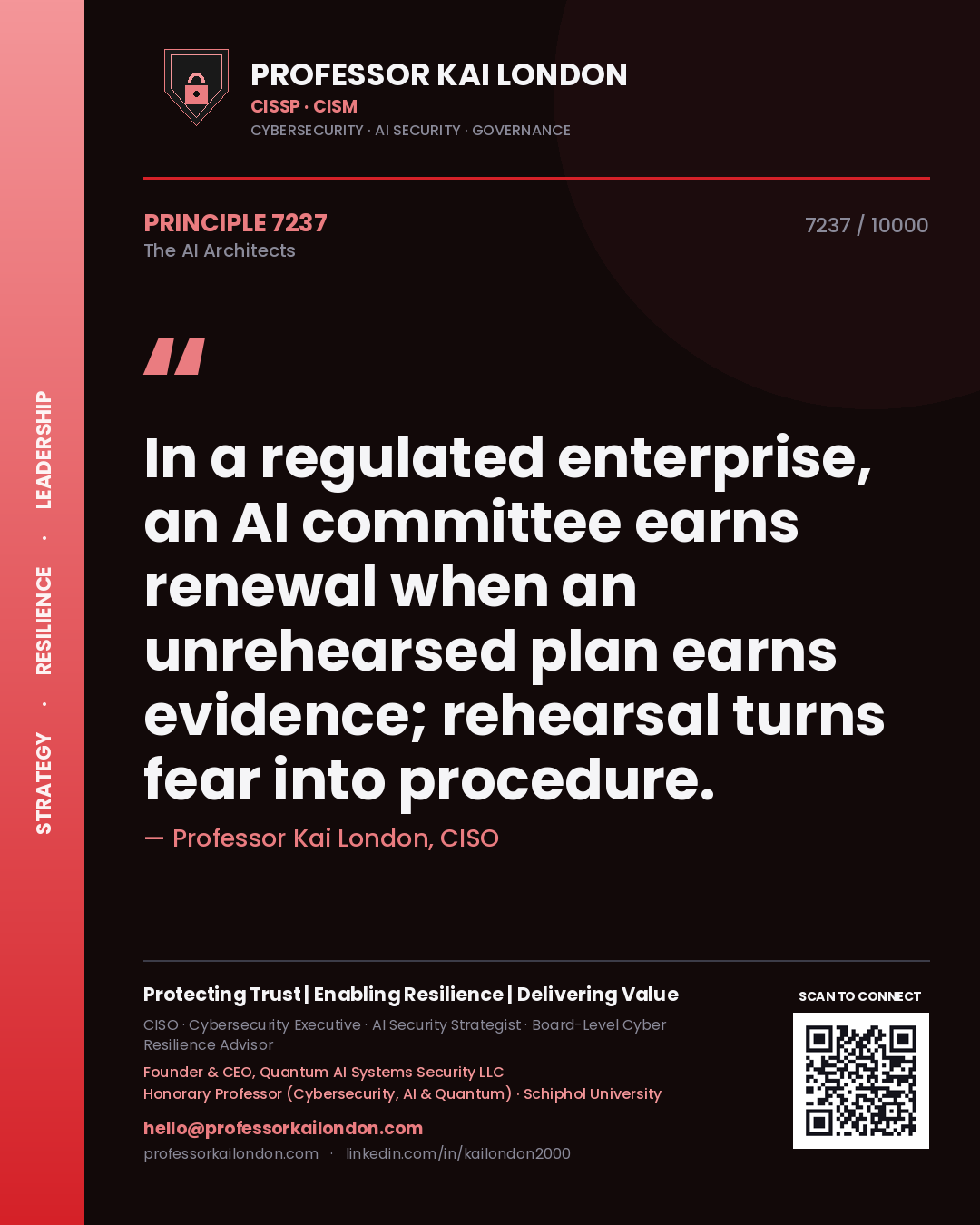 Quote card by Professor Kai London reading 'In a regulated enterprise, an AI committee earns renewal when an unrehearsed plan earns evidence; rehearsal turns fear into procedure.'. From the book The AI Architects.