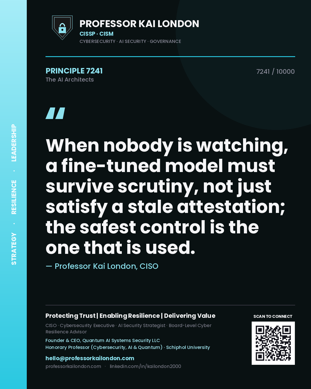 Professor Kai London principle 7241: When nobody is watching, a fine-tuned model must survive scrutiny, not just satisfy a stale attestation; the safest control is the one that is used.