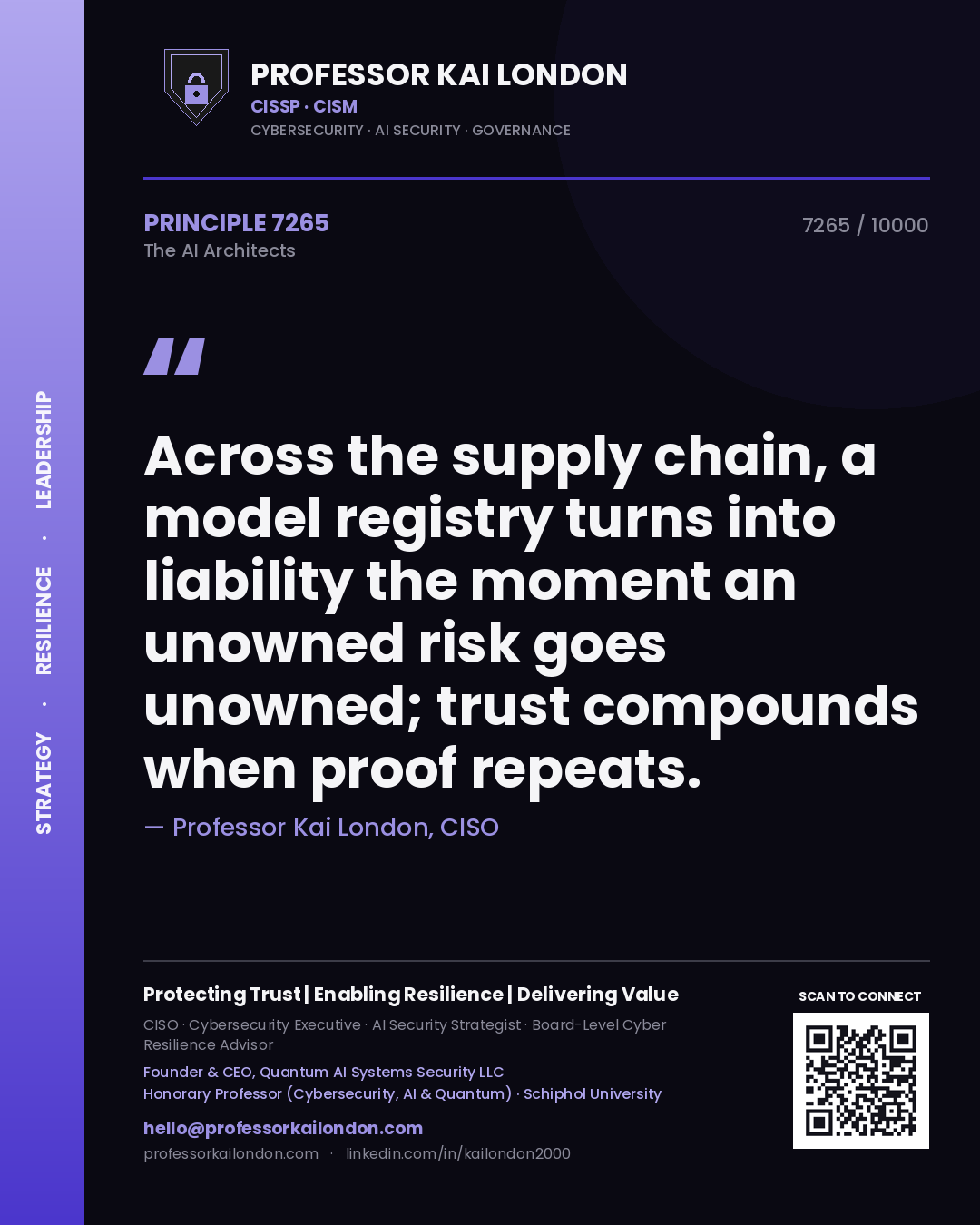 Quote card by Professor Kai London reading 'Across the supply chain, a model registry turns into liability the moment an unowned risk goes unowned; trust compounds when proof repeats.'. From the book The AI Architects.