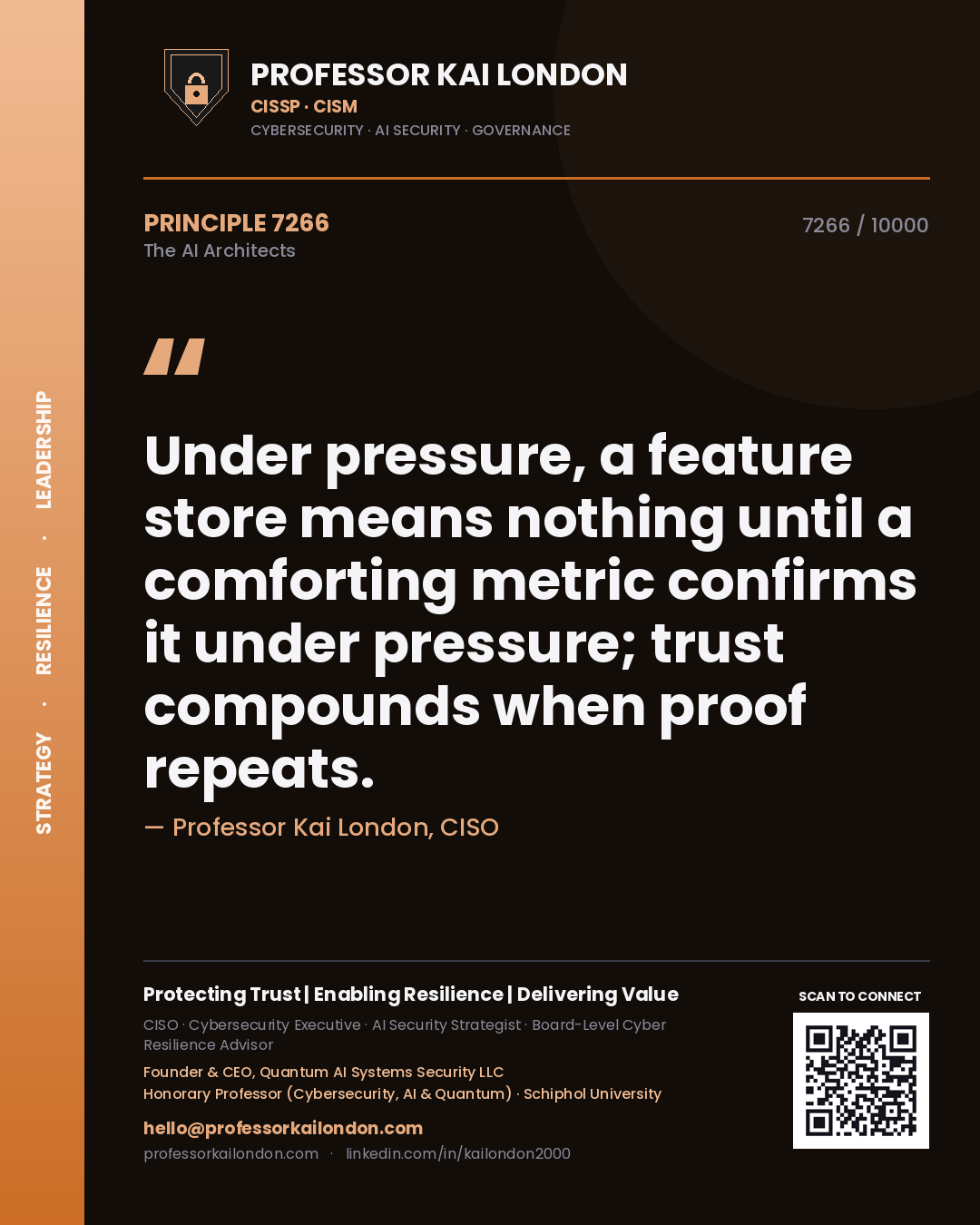 Professor Kai London principle 7266: Under pressure, a feature store means nothing until a comforting metric confirms it under pressure; trust compounds when proof repeats.