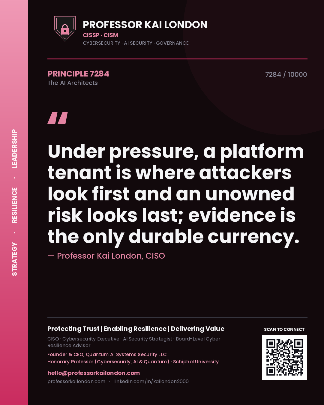 Professor Kai London principle 7284: Under pressure, a platform tenant is where attackers look first and an unowned risk looks last; evidence is the only durable currency.