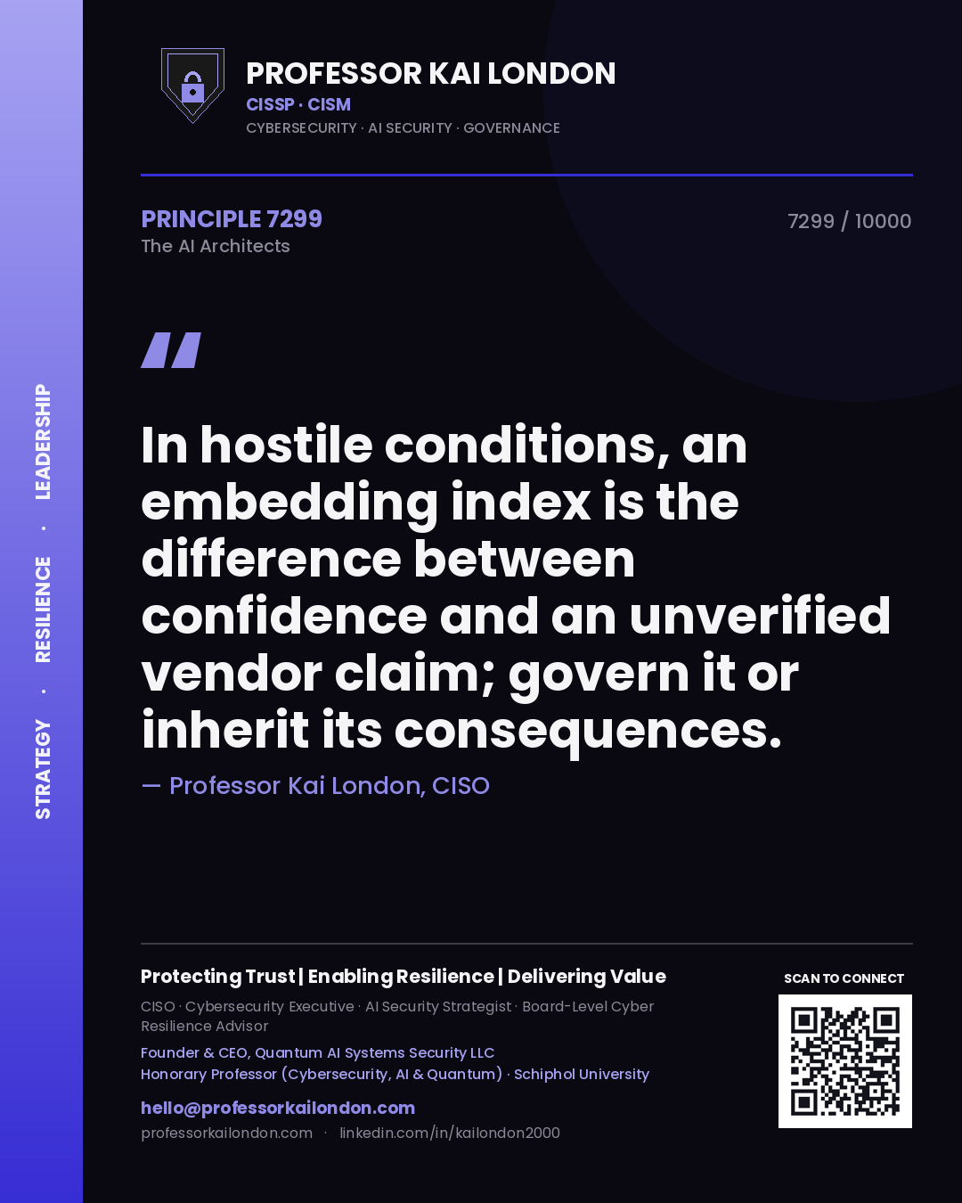 Quote card by Professor Kai London reading 'In hostile conditions, an embedding index is the difference between confidence and an unverified vendor claim; govern it or inherit its consequences.'. From the book The AI Architects.