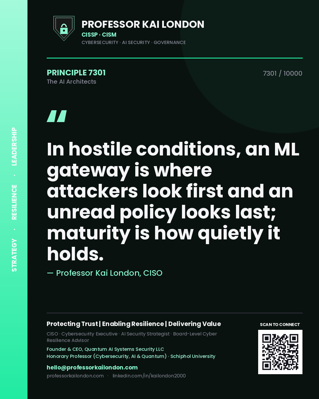 Quote card by Professor Kai London reading 'In hostile conditions, an ML gateway is where attackers look first and an unread policy looks last; maturity is how quietly it holds.'. From the book The AI Architects.