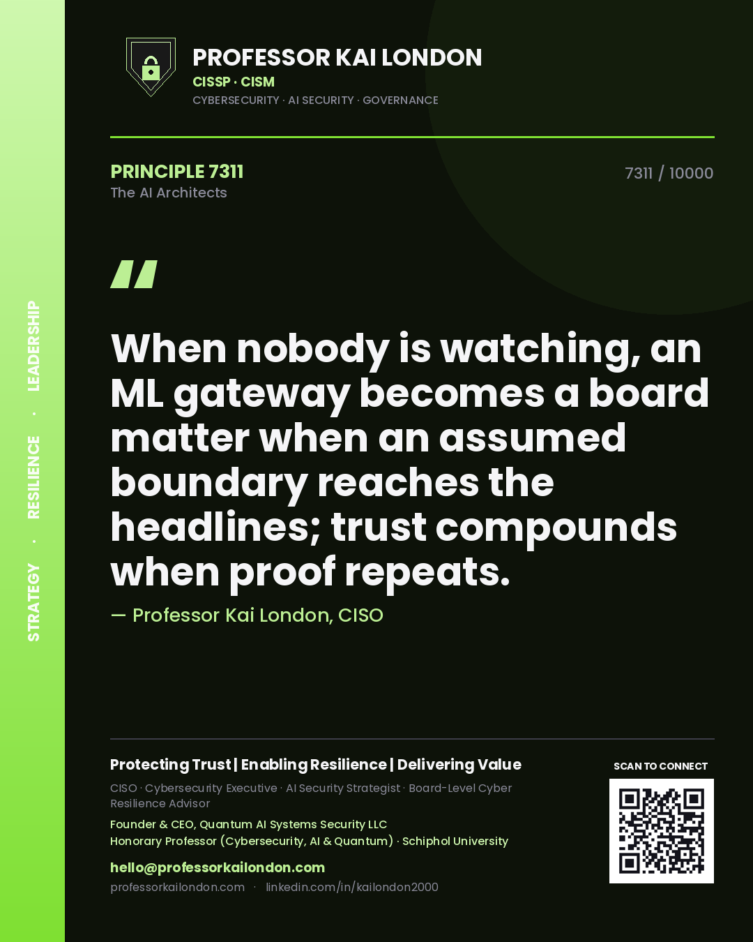 Quote card by Professor Kai London reading 'When nobody is watching, an ML gateway becomes a board matter when an assumed boundary reaches the headlines; trust compounds when proof repeats.'. From the book The AI Architects.
