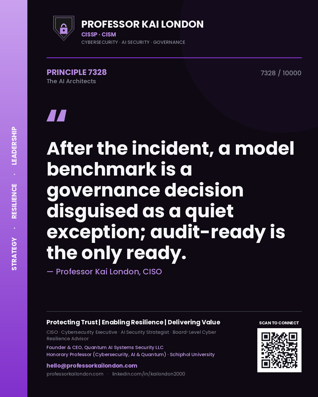 Quote card by Professor Kai London reading 'After the incident, a model benchmark is a governance decision disguised as a quiet exception; audit-ready is the only ready.'. From the book The AI Architects.